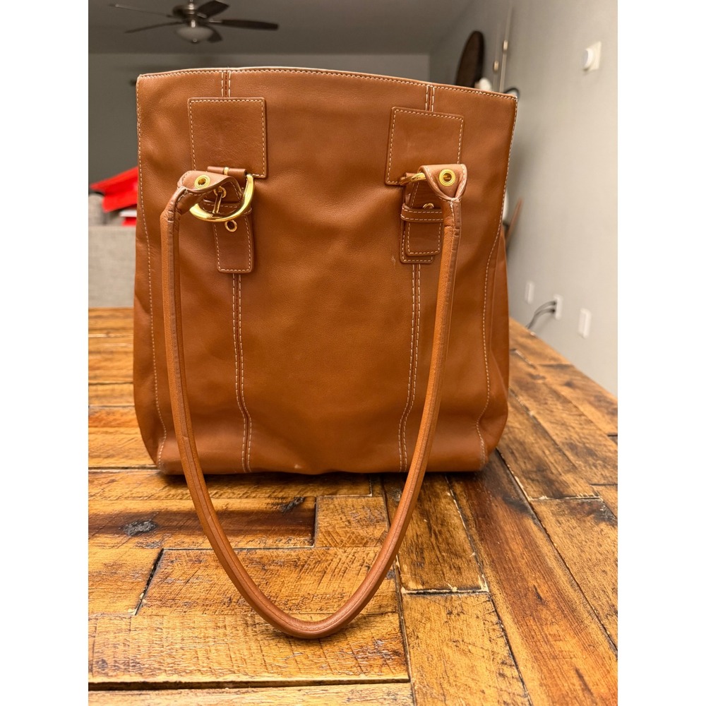 Levenger Brown Leather Tote Bag Shoulder Purse Gold Buckle Detail Cognac